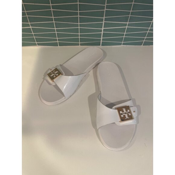 Tory Burch Womens White Patent Leather Miller Cloud Slides Gold Logo Size 8 - Picture 1 of 8